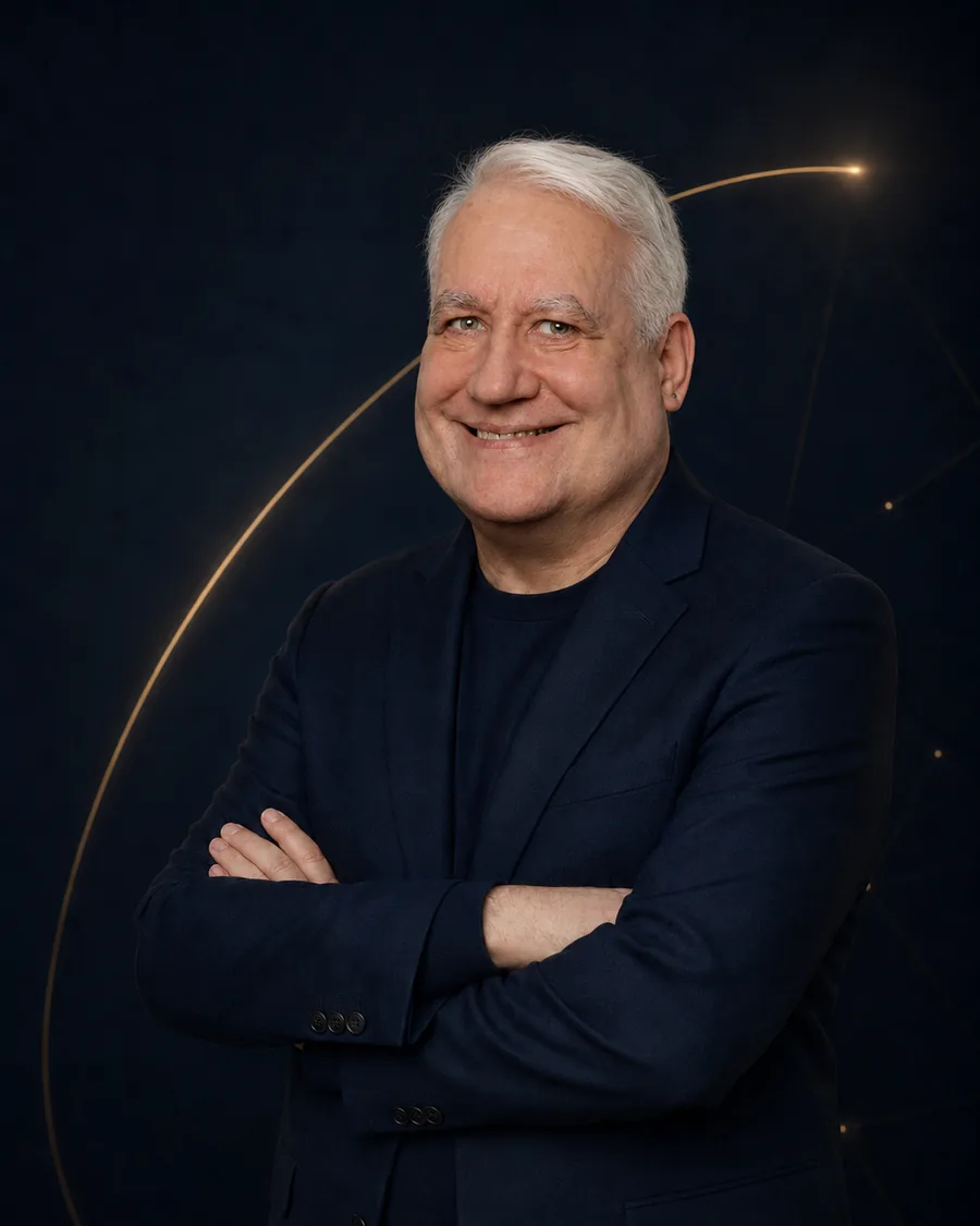 Porträt von Hartmut Bochow vor tiefblauem Hintergrund mit feinen goldenen Lichtlinien