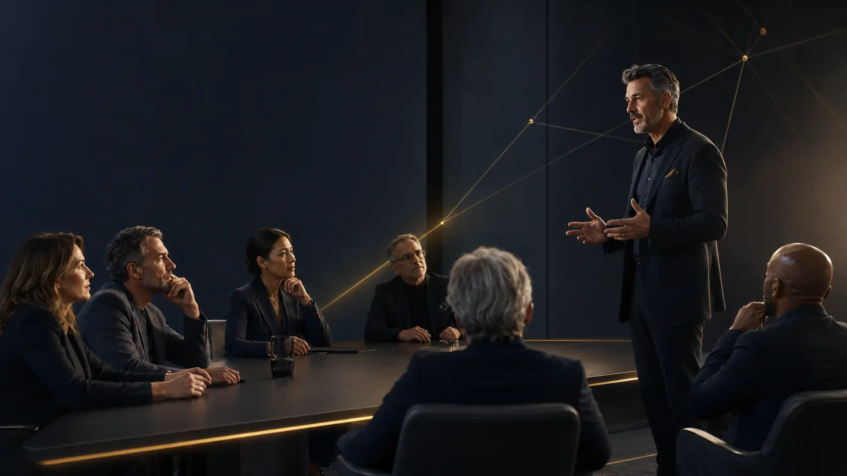 Führungskraft spricht zu einer kleinen Runde am Konferenztisch in einem dunklen, edlen Boardroom; feine goldene Linien verbinden die Menschen im Raum