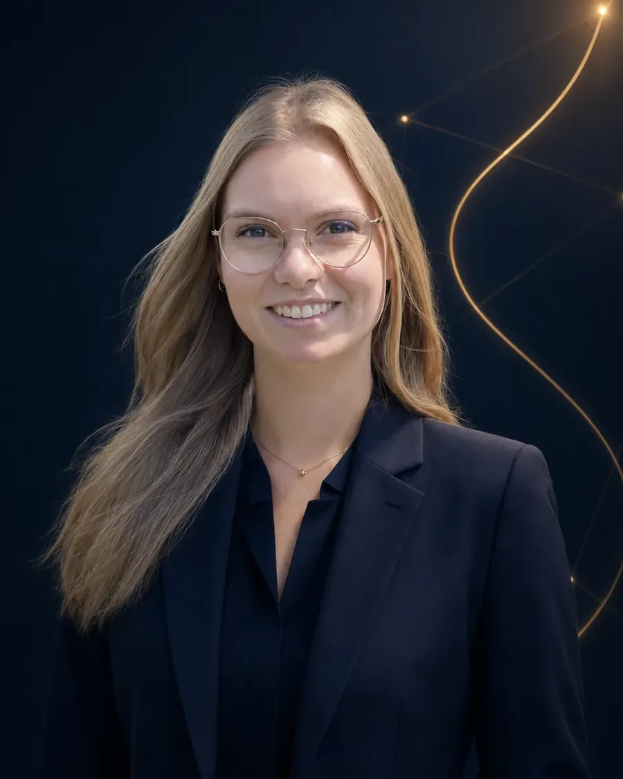 Porträt von Stefanie Hausdörfer, Abteilungsleitung, vor tiefblauem Hintergrund mit feinen goldenen Lichtlinien